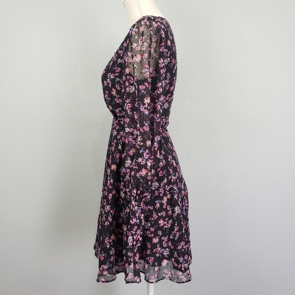 BUDDY LOVE Parker V-Neck Black Floral Print Sheer Long Sleeve Mini Dress Sz XS - Picture 6 of 9